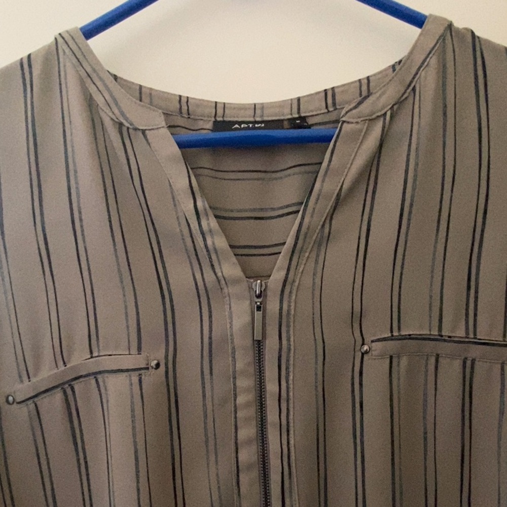 APT. 9 taupe/gray striped blouse, size M.